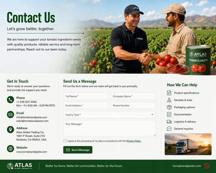 Contact Atlas Global Trading Co. for tomato paste and ingredients